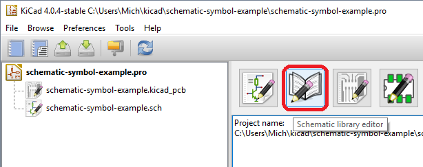 Screenshot of Kicad's main window, highlighting a button labeled schematic library editor